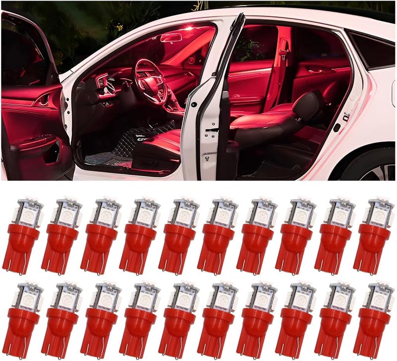 HZEL 20PCS T10 194 Car LED Light Bulb, 5SMD 5050 12V 168 W5W 2825 Vehicle Wedge License Plate Bulb, Automotive Interior Dome Map Door Trunk Courtesy Dash Lamps Accessories, Universal Fit (Red) - Image 1